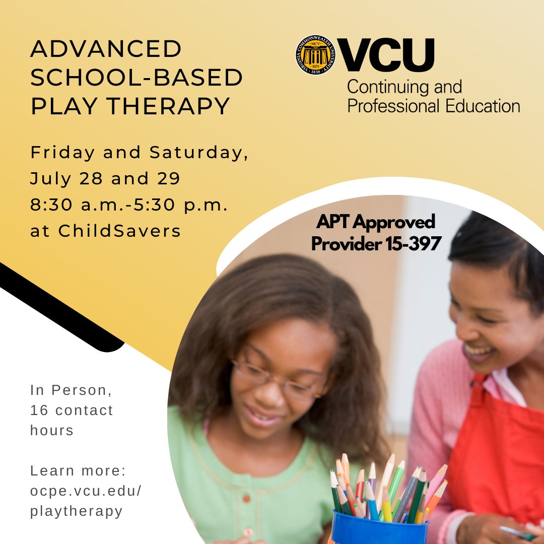Join us later this month for the new workshop, Advanced School-Based Play Therapy <a href="/ChildSaversRVA/">ChildSavers</a>. Register today at ocpe.vcu.edu/playtherapy

<a href="/VCU/">VCU</a> is an approved continuing education provider (APT Approved Provider 15-397) by the <a href="/a4pt/">Assn 4 Play Therapy</a>.