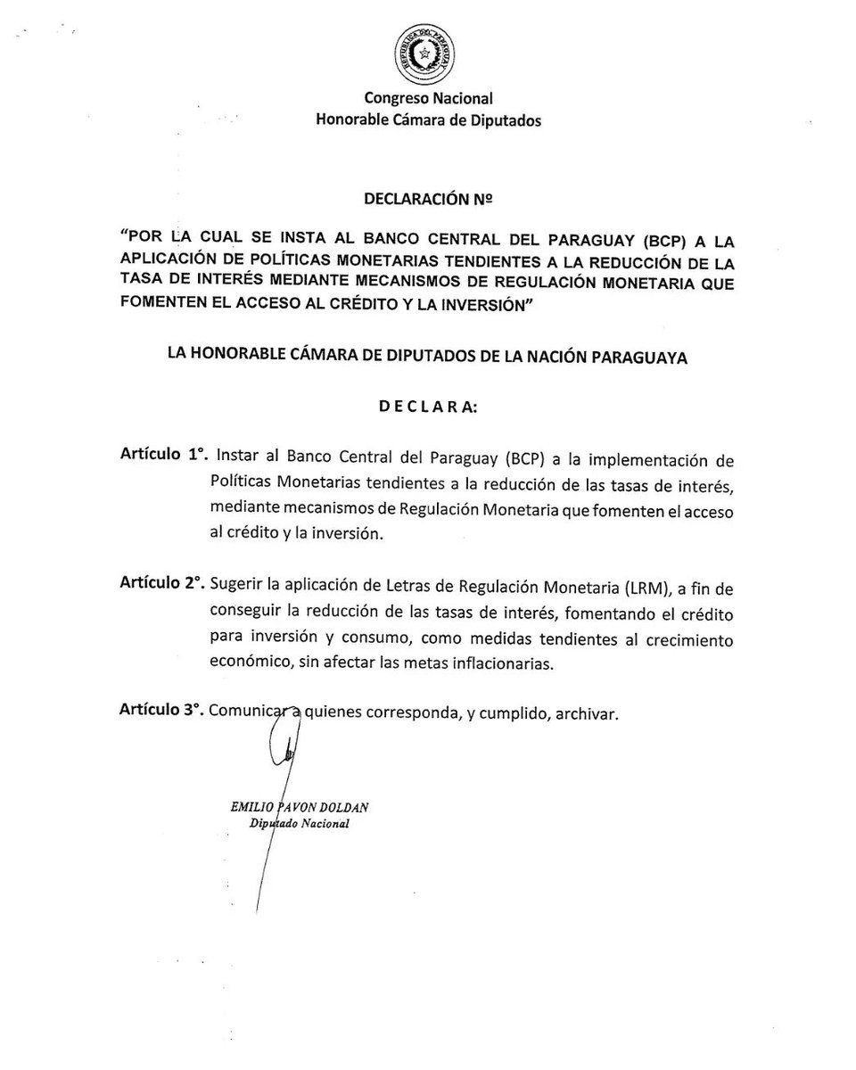 Presenté un proyecto de declaración que INSTA AL BANCO CENTRAL DEL PARAGUAY (BCP) INTERVENIR PARA REDUCIR TASAS DE INTERÉS EN LOS PRÉSTAMOS, moción que fue aprobada.