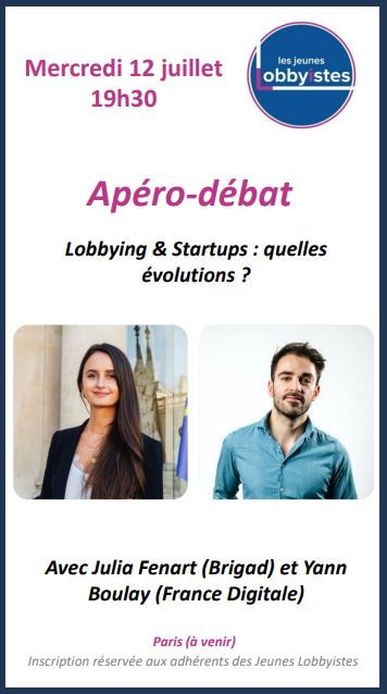 JLobbyistes's tweet photo. 🎉 Les JL sont heureux de t'inviter à leur prochain apéro-débat thématique sur : "Lobbying et Startups : quelles évolutions ?".

🗣️ Avec :
➖@JuFen_EU - Head of Public Affairs &amp; Sustainability / Brigad ;
➖@Yann_Boulay - Responsable des affaires publiques / France Digitale. https://t.co/yTPPmzFVnb
