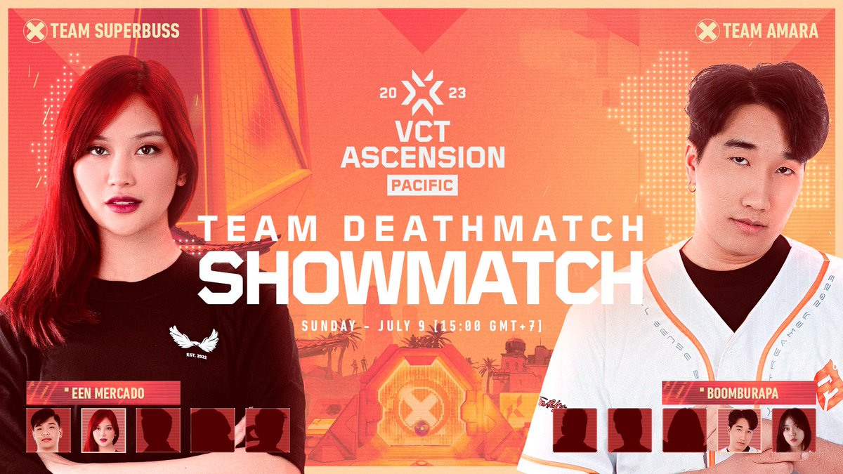 vctpacific's tweet photo. Introducing Een Mercado @eenmercado and BOOMBURAPA, the second members of #TeamSuperBusS and #TeamAmara, who will be competing in the Team Deathmatch Showmatch at VCT Ascension Pacific 2023!
Get ready for the showdown this July 9th!
#VCTAscensionPacific #TakeYourPlace https://t.co/aOh5tznFnJ