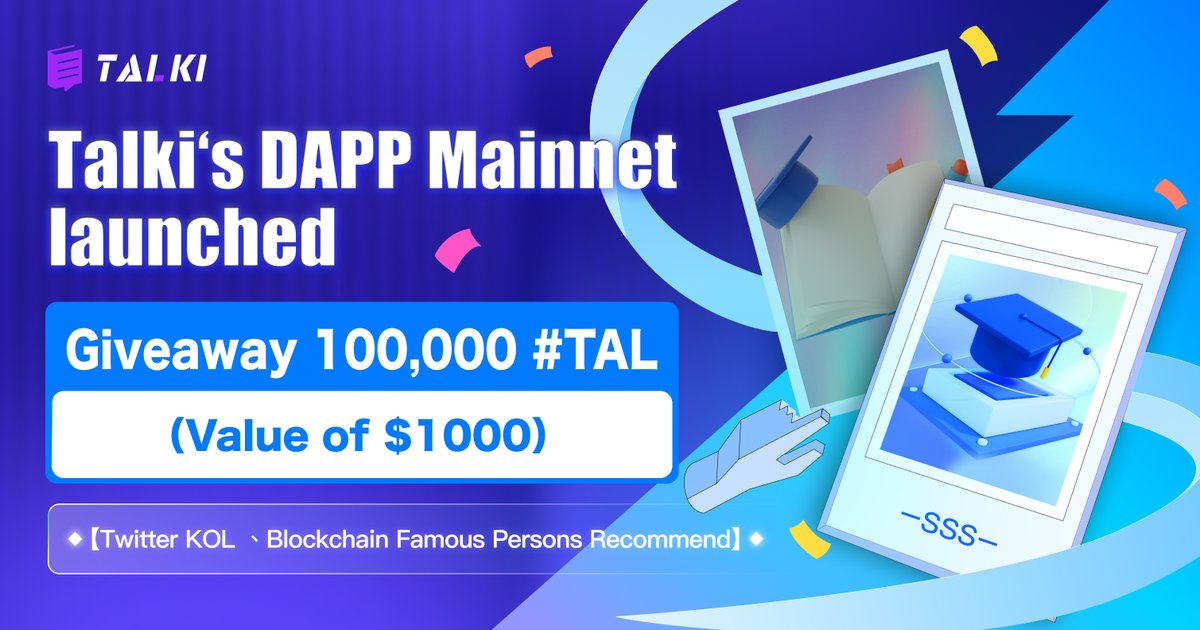 🚀#Talki's Mainnet has also been launched, #NFTs ,TAL pledge investment benefits have been opened.

🔥 TAL/USDT trading is LIVE on #MEXC .

💕So Don't miss out 100,000 TAL #Giveaway  :  
✅Follow <a href="/talkiofficial/">Talki(learn2earn)</a> 
✅RT, like&amp; tag 3 friends 
✅#BSC Address：
forms.gle/8HJAiseSZHQWcc…