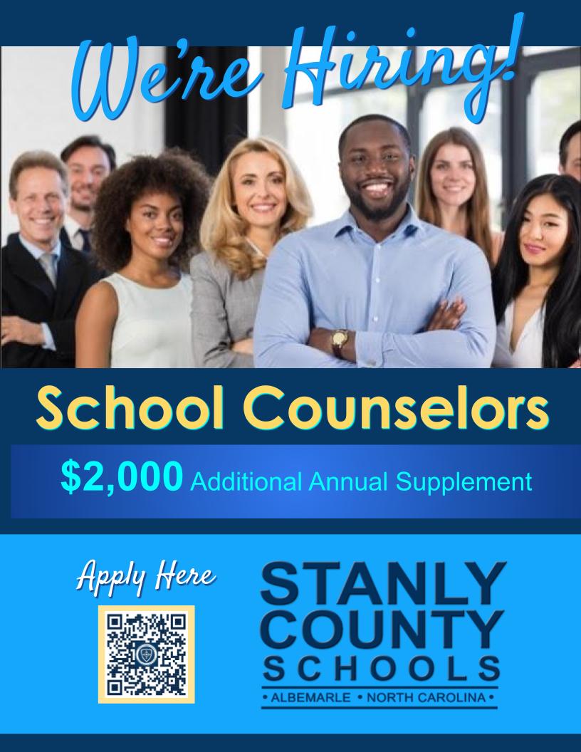 StanlySchools's tweet image. School Counselors Apply Today!🙂
$2,000 Additional Annual Supplement
Check out our job opportunities:  rb.gy/1zwos
A Place Where You Belong!
#schoolcounselors #teacherjobs #education