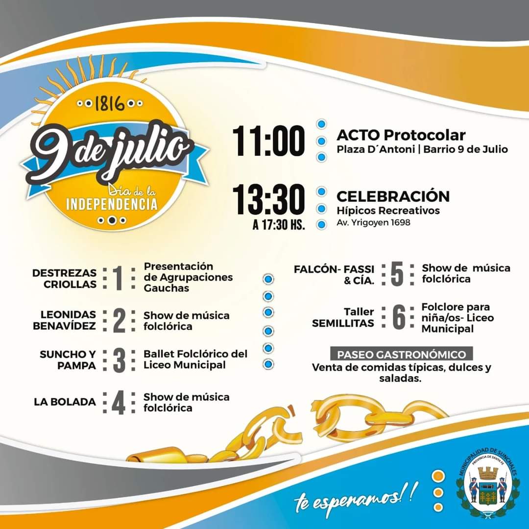 MuniSunchales's tweet photo. 🇦🇷🌞 ¡ Vení a celebrar el 9 de Julio !

🐴 Luego del acto protocolar tendremos el gran desfile de caballos por avenida Yrigoyen hasta Plaza Libertad.

🧉A partir de las 13 en Hípico ReCreativo habrá destrezas criollas, show de música folclórica, ballet y paseo gastronómico. https://t.co/17bVWSw4xG