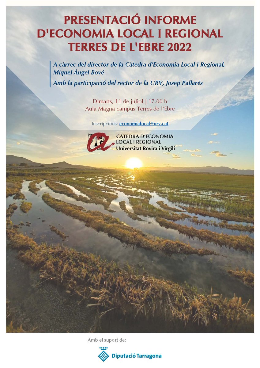CATEDRAECOCTE's tweet photo. Dimarts 11/07, 17 h, presentació de l'Informe d'Economia Local i Regional Terres de l’Ebre 2022.
Presencial o en format online a través de l'enllaç que trobareu a la web de la Càtedra https://t.co/Is4L823iAK https://t.co/8pmMOgmmW2