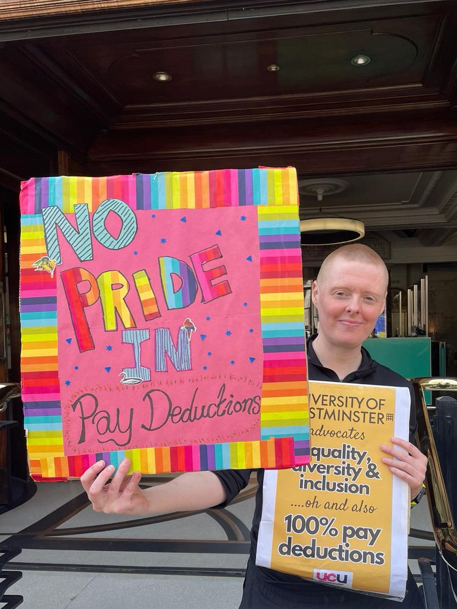ucu's tweet photo. We’re at @UniWestminster today to call on employers to end the pay deductions 

Stop attacking staff. Save graduations. Settle the dispute 

#ucuRISING @ucuwestminster https://t.co/Dwv3CJh3Mu