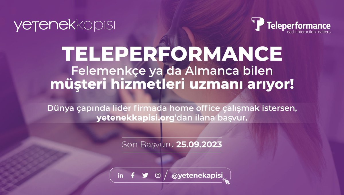 Flemenkçe ya da Almanca biliyor musun? 

Dünya çapında faaliyet gösteren <a href="/TP_Turkiye/">TP Turkey</a>’nin müşteri hizmetleri uzmanı işe alım ilanı için detayları hemen yetenekkapisi.org'dan incele. @tccbiko 

🗓 Son Başvuru: 25 Eylül 2023
🔗 yetenekkapisi.org
