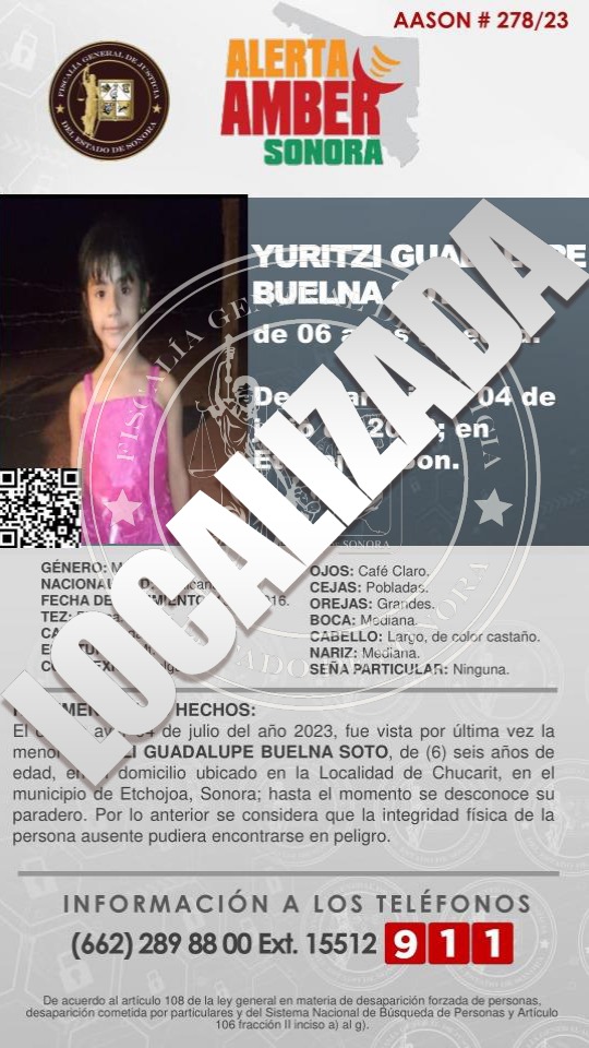✨Agradecemos a todos su valiosa colaboración por difundir  y contribuir en la localización de la niña *YURITZI GUADALUPE BUELNA SOTO*, de 06 años de edad.✨🙌🏻

✅ *SE DESACTIVA ALERTA AMBER SONORA, YA FUE LOCALIZADA SANA y SALVA*