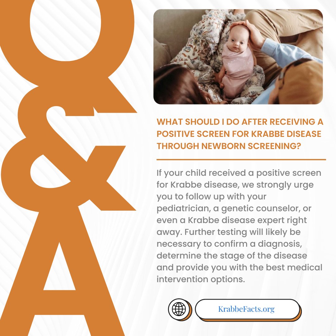 KrabbeFacts's tweet image. Wondering what to do after a positive screen for Krabbe through Newborn Screening? Contact your pediatrician as additional testing is likely needed and continue to collaborate with your medical team to explore treatment options. loom.ly/WbpToMo #KrabbeFacts #newbornscreen