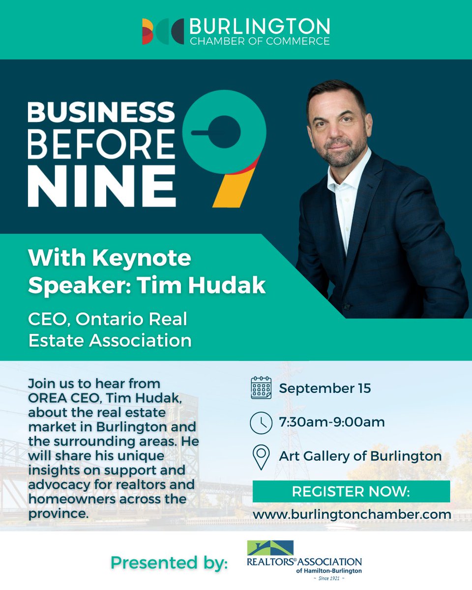 Do you have questions about the Ontario real estate market? 🏠 Join us on Sept 15 at #BB9 to hear from CEO of @OREAinfo, @timhudak. Register today to hear Tim's unique insights on the real estate market & advocacy for homeowners & realtors: bit.ly/3XGGx9Z #BurlONBiz
