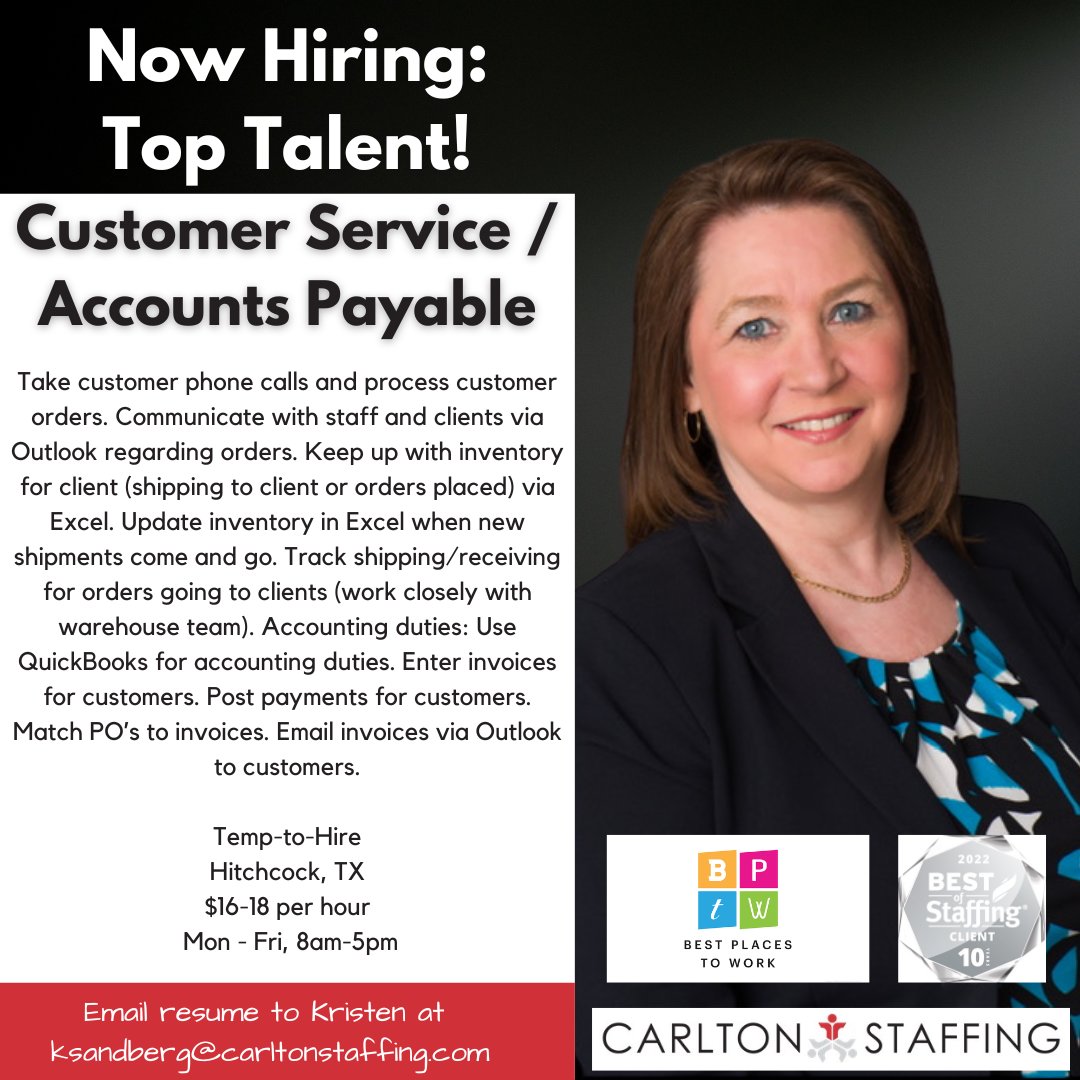 If you have at least 1 year of AP experience using QuickBooks, Kristen might have just the opportunity for you in Hitchcock, TX!  For more info, give her a call at 281.464.8800 or apply online today: conta.cc/43GbFIT