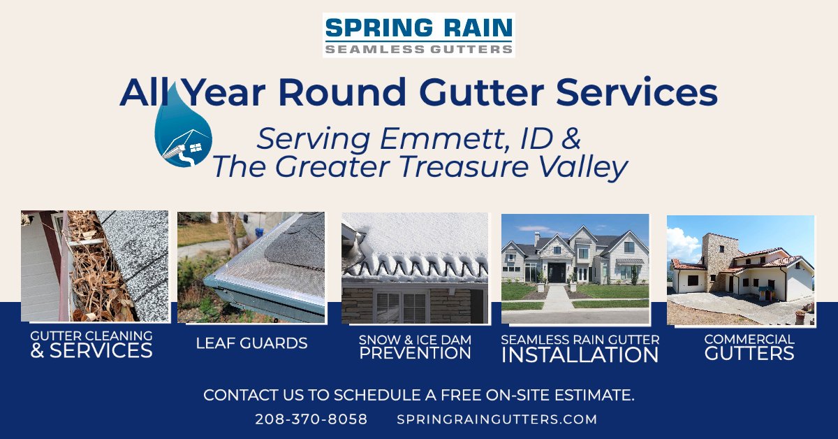 SpringGutters's tweet image. Reliable gutter services in Emmett, ID! ☔ Spring Rain Gutters ☔ offers clogged gutter cleaning, leaf guards, seamless installation, and more. Call 📞 2208-370-8058 for a free estimate! 🌧️ #SpringRainGutters #GutterServices #EmmettID