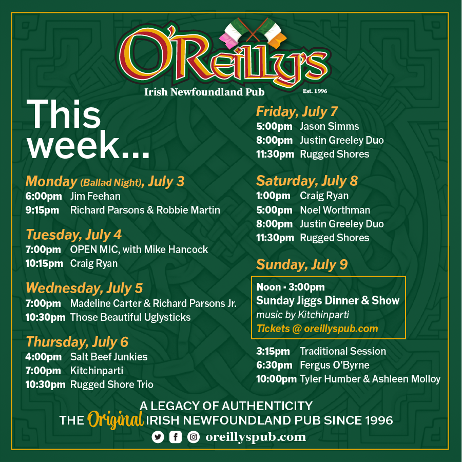 oreillys_pub's tweet photo. This week at O'Reilly's!🍀🎶

#thisweek #thisweekslineup #weeklylineup #welcometotheexperience #theoriginalirishnewfoundlandpub #georgestreet #downtownstjohns https://t.co/QfWnCVLlBm