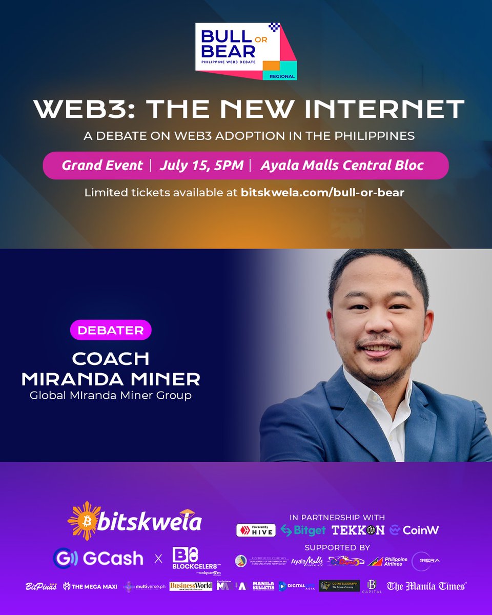 MiningMiranda's tweet photo. 9 DAYS TO GO! WE HAVE GREAT NEWS! Bull or Bear Cebu has partnered with our community to ✨giveaway 20 tickets✨ for the GRAND DEBATE at in Cebu this July 15th!

HOW? Just RT + Comment below on why we should give you a ticket! 🤔🇵🇭

#BullorBearCebu #GMMGxBitskwela https://t.co/OU7Wg8vzyH