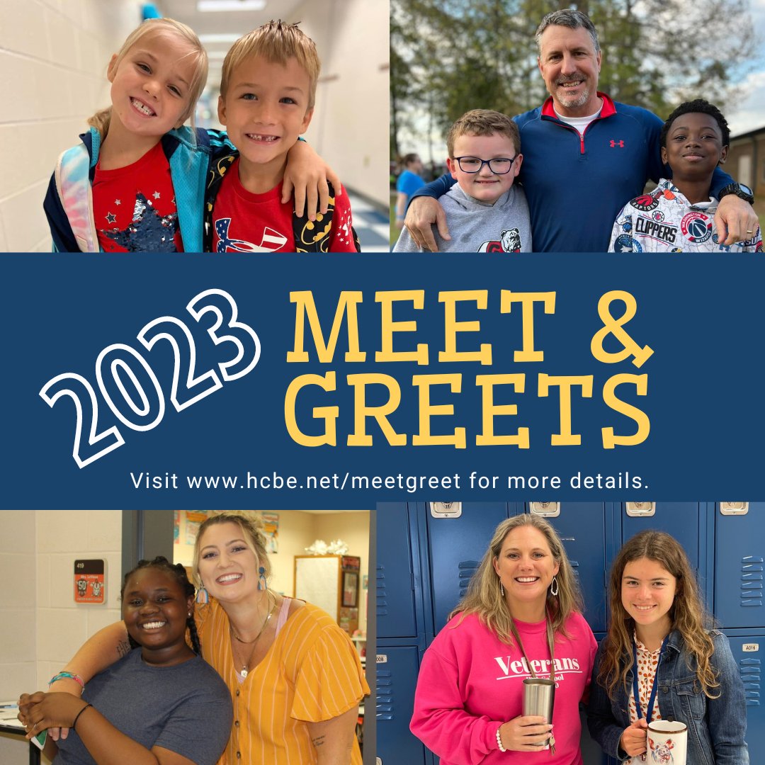 The first day of school is August 2. To help prepare students and their families for the new school year, our schools have scheduled Meet and Greets to give families an opportunity to meet the teachers and see their classroom.  

Details, dates and times > hcbe.net/meetgreet