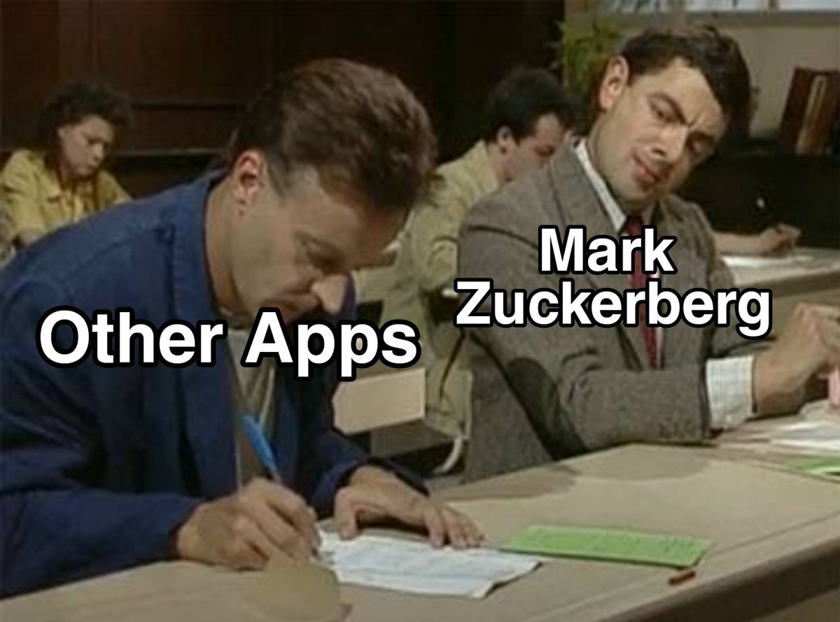 #Threads
Mark Zuckerberg :-
•Copied Reels Feature From Tik Tok .
•Copied Story Feature From Snapchat 
•Copied Paid Blue Tick Idea From Elon Musk. 
•Copied Entire Twitter App And Made #ThreadsApp