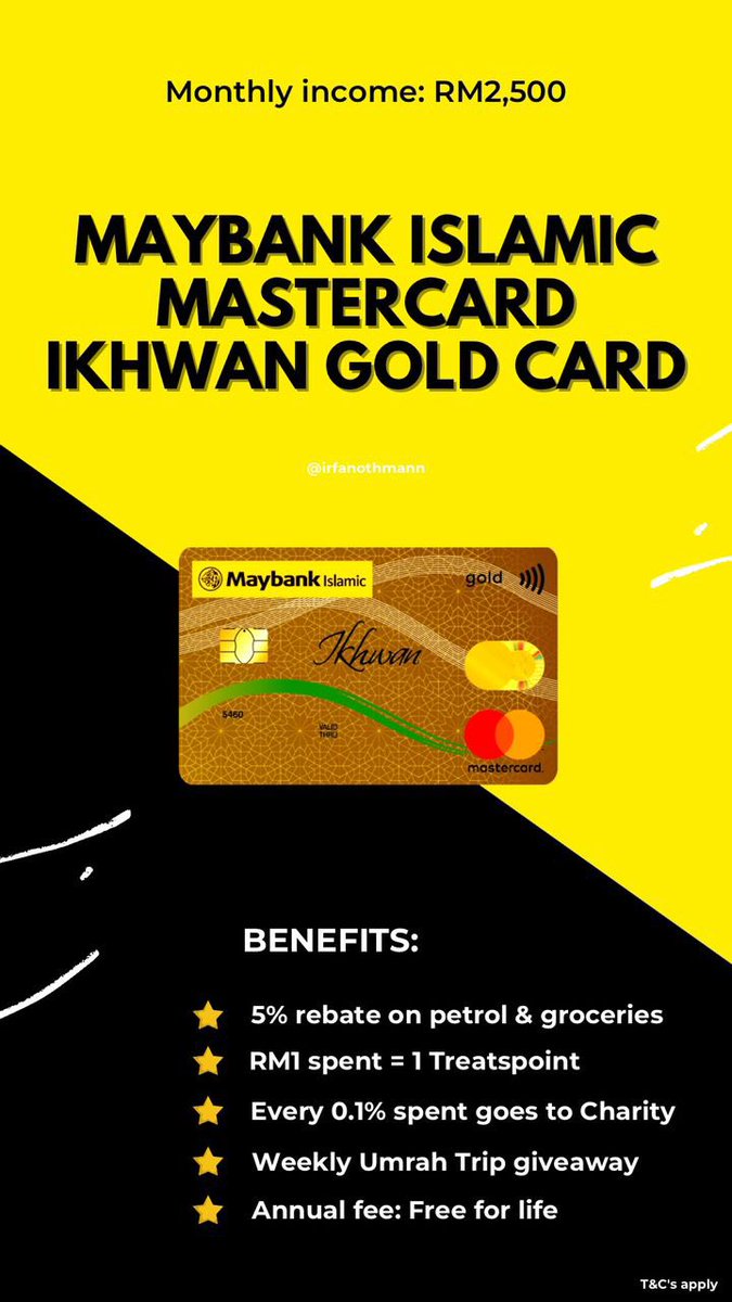 Kalau nak mohon kad kredit, ni antara pilihan kad kredit Islamik Maybank: - Maybank Islamic Petronas Ikhwan Visa Gold Card-i - Maybank Islamic Ikhwan Mastercard Gold Card-i Ada cashback untuk transaksi petrol. Pendapatan RM2.5K/bulan boleh apply dah! Boleh DM @irfanothmann.