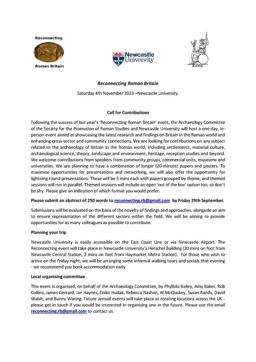 Call For Papers! 

We'll be hosting the Reconnecting #Roman #Britain Conference in #Newcastle 4th Nov 2023. 
Would you like to present? Email a 250 word abstract to reconnecting.rb@gmail.com by Friday 29th September.