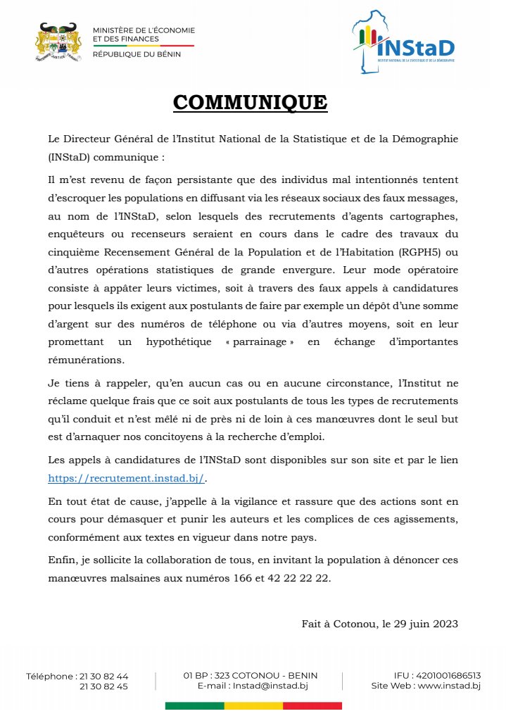 COMMUNIQUÉ DE L'INSTITUT NATIONAL DE LA STATISTIQUE ET DE LA DÉMOGRAPHIE (INStaD) SUR LES TENTATIVES D'ESCROQUERIE DES POPULATIONS AU SUJET DE SES ENQUÊTES ET RECENSEMENTS