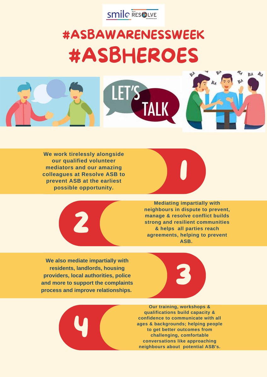 smileMediation's tweet photo. #asbawarenessweek2023 #asbheroes #backingasbawarenessweek @resolveasb
To find out more about how Smile can work with you to prevent ASB call 01282 436989 or email info@smile-ltd.co.uk https://t.co/wYe6Pe2hay