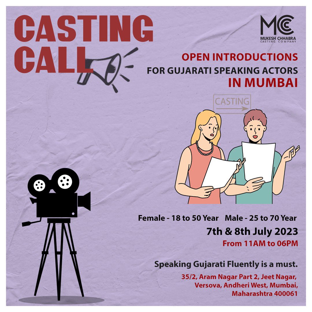 MukeshChhabraCC's tweet photo. OPEN INTRODUCTION 📍MUMBAI
FOR GUJARATI SPEAKING ACTORS IN MUMBAI
( Speaking Gujarati Fluently is a must )
#mukeshchabbracastingcompany #mukeshchabbracasting #openintroduction #mumbai #castingdirector #castingcall #gujaratiactors #gujarati #gujaratilanguage #mumbai https://t.co/UdkITmemIm