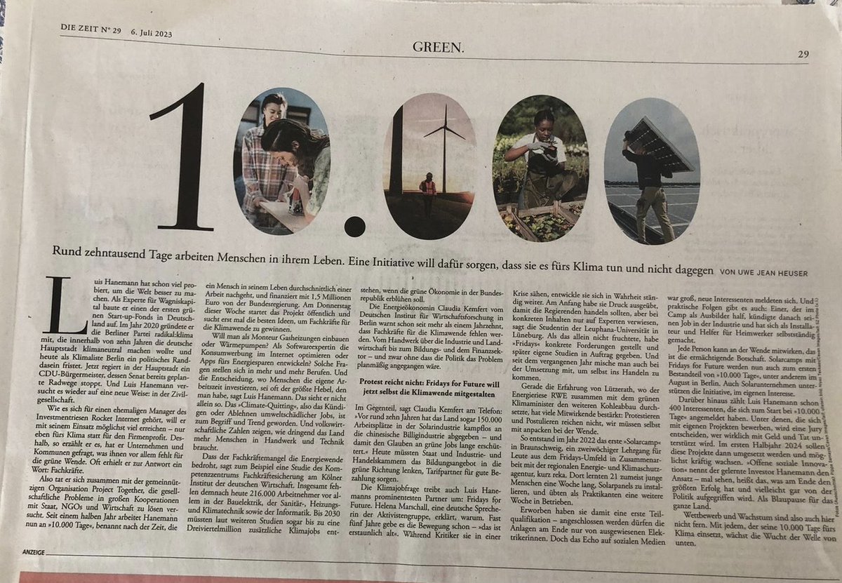 🎉 Zum Start unserer Mission #10000Tage hat die <a href="/zeitonline/">ZEIT ONLINE</a> einen Artikel über unsere neue Mission in Zusammenarbeit mit dem @BMBF_Bund veröffentlicht. Die digitale Version könnt Ihr hier lesen: zeit.de/2023/29/klimas… #ProjectTogether #Klimajobs