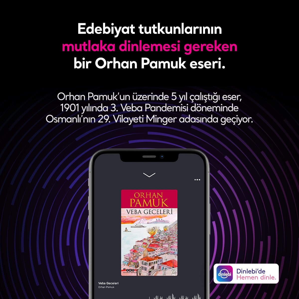 Dinlebikitap's tweet photo. Pamuk’un salgın, karantina, devlet ve birey konularını masalsı anlatımla kaleme aldığı, sürükleyici bir siyaset ve aşk romanı ‘Veba Geceleri’, yazarın hayranları ve roman tutkunları için şimdi Dinlebi’de!
#Dinlebi #SesliKitap #OrhanPamuk #VebaGeceleri https://t.co/jyYXeSIhqM