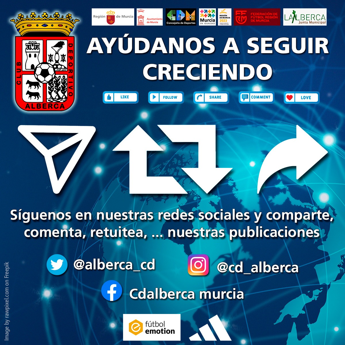 alberca_cd's tweet photo. AYÚDANOS A SEGUIR CRECIENDO.
Síguenos en todas nuestras redes sociales, donde estaremos informando de todo lo que pase en nuestro club.
Comparte, haz RT, dale me gusta,... TODO AYUDA.
MUCHAS GRACIAS❤️❤️. #VamosAlberca
. https://t.co/qUOx6WGHSt