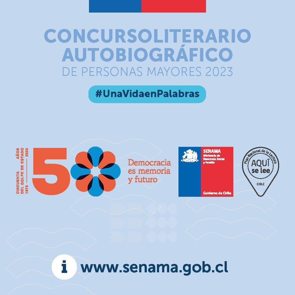 📢 Atención! Invitamos a todas las personas mayores a participar en la novena versión del Concurso Literario Autobiográfico #UnaVidaenPalabras.
👉Anímense y envíen sus relatos, compartan con nosotros sus historias de vida al correo concursoliterario@senama.cl 📚📖📕📗
