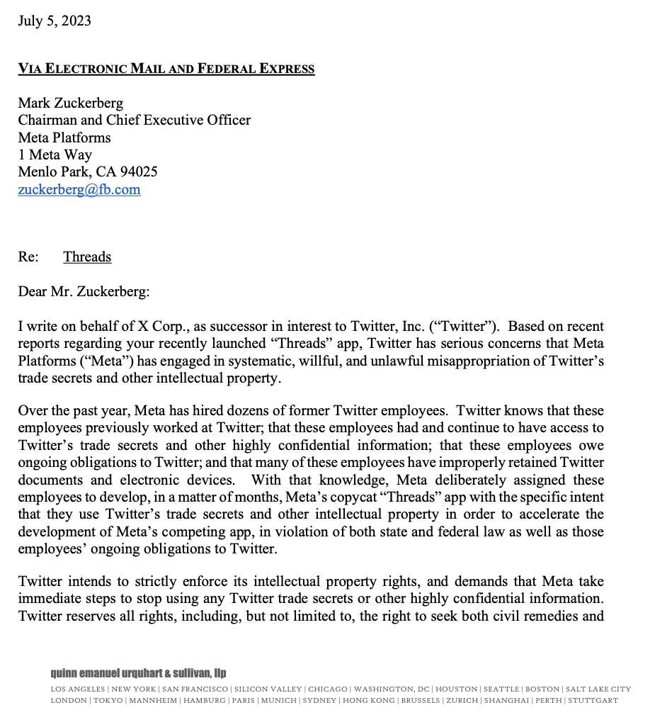 KanekoaTheGreat's tweet photo. NEW — Twitter is threatening to sue Meta over its Twitter clone accusing the company of engaging in “systematic, willful, and unlawful misappropriation of Twitter’s trade secrets and other intellectual property.” https://t.co/ECGqhTAONw