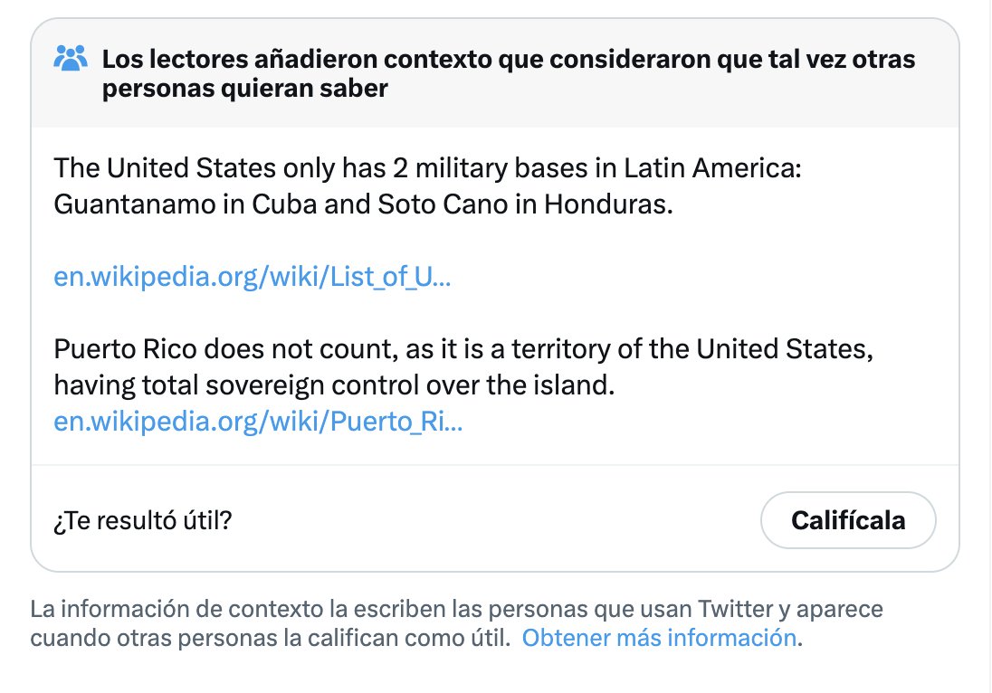 midnucas's tweet photo. Ah, look, it's Twitter Community Notes saying USA military bases in Puerto Rico "do not count" because it's a "territory" (= colony) and the USA has "total sovereign control over the island" (and asserts the privilege to do whatever they want to us whether we like it or not). https://t.co/wS1ghs39hw