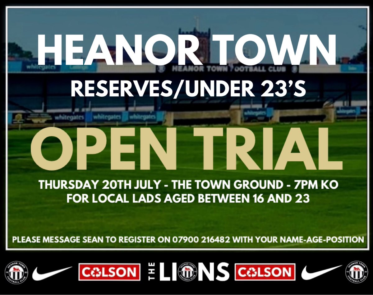 HeanorTownFC's tweet photo. Heanor Town Res/U23’s 

•Open Trial-Thursday 20th July-7pm ko on the town ground🏡

•Any local lad 16-23 that wants to get into semi pro football, this is your chance🦁

•Message Sean on 07900 216482 to register👍🏻 https://t.co/bVGC13AIXl