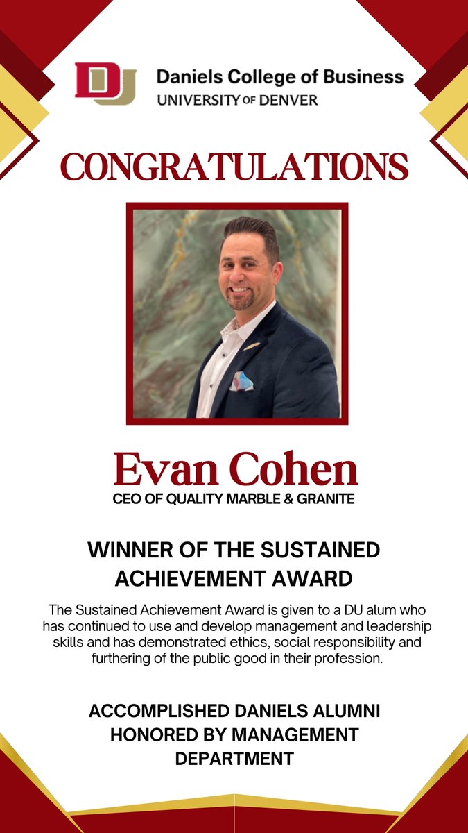 QMGGlobal's tweet photo. Our CEO, Evan Cohen, has been honored with the prestigious Sustained Achievement Award from Daniels College of Business. This accolade is a testament to Evan's exceptional management and leadership skills, as well as his unwavering commitment to ethics, social responsibility. https://t.co/wn8Y2goL6W
