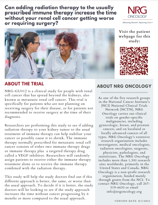 NRGonc's tweet photo. ATTN SITES! Want to inform your patients w/ metastatic #renalcellcancer about the "SAMURAI" study? We have patient materials for sharing: https://t.co/3mwAUf40ps - This trial is spec. for patients who are not planning to/not recommended to receive surgery #KRCC @whallradonc https://t.co/LGchJ5mqR2