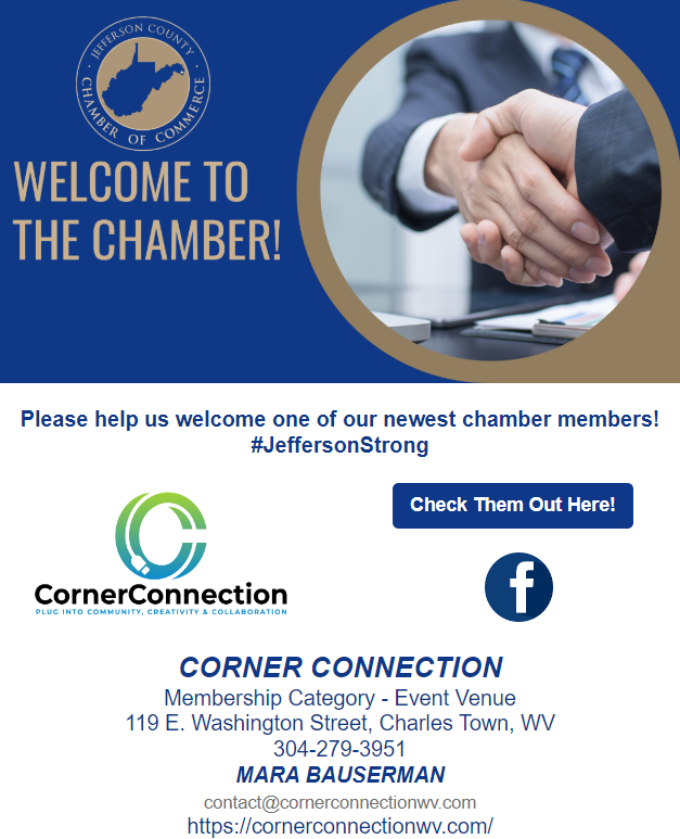 WVJCChamber's tweet photo. Welcome to our newest member! Mara Bauserman with Corner Connection.
@CornerConnection
https://t.co/vxckUd1P7e https://t.co/q67hpGMsSB