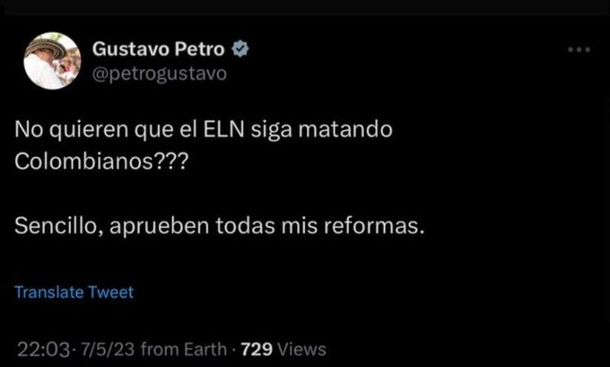 CESARAMEJIA's tweet photo. Si este trino de @petrogustavo es cierto -como en efecto parece- también sería cierto que el #PlanPistola contra policías y soldados fue parte de su campaña y la del @PactoCol. Apoyo explícito de #ELN a @FranciaMarquezM y de #Farc a @petrogustavo podrían ser indicios de vínculos. https://t.co/7d8kgJiciN