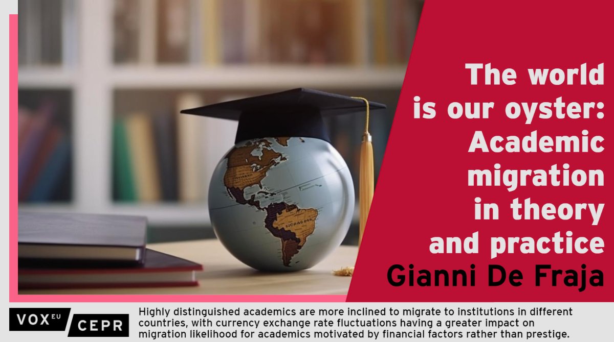 VoxEU (@voxeu) on Twitter photo New study on #academic #migration reveals renowned #scholars are more likely to emigrate, driven by prestige over financial factors, while a country's currency exchange rate can influence their decision.
<a href="/giannidefraja/">Gianni De Fraja</a> <a href="/UoNEconomics/">UoNEconomics</a> <a href="/UoNresearch/">Nottingham Research</a>
ow.ly/Pw3N50OQ9qK New study on #academic #migration reveals renowned #scholars are more likely to emigrate, driven by prestige over financial factors, while a country's currency exchange rate can influence their decision.
<a href="/giannidefraja/">Gianni De Fraja</a> <a href="/UoNEconomics/">UoNEconomics</a> <a href="/UoNresearch/">Nottingham Research</a>
ow.ly/Pw3N50OQ9qK