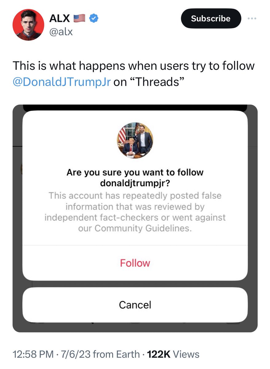 DonaldJTrumpJr's tweet image. Threads not exactly off to a great start. Hey Instagram, threads is verbal,  so the whole skimpy bikini thing is not going to work so well if your influencers can’t actually formulate a sentence… IMHO you may want to rethink cutting off those who can.