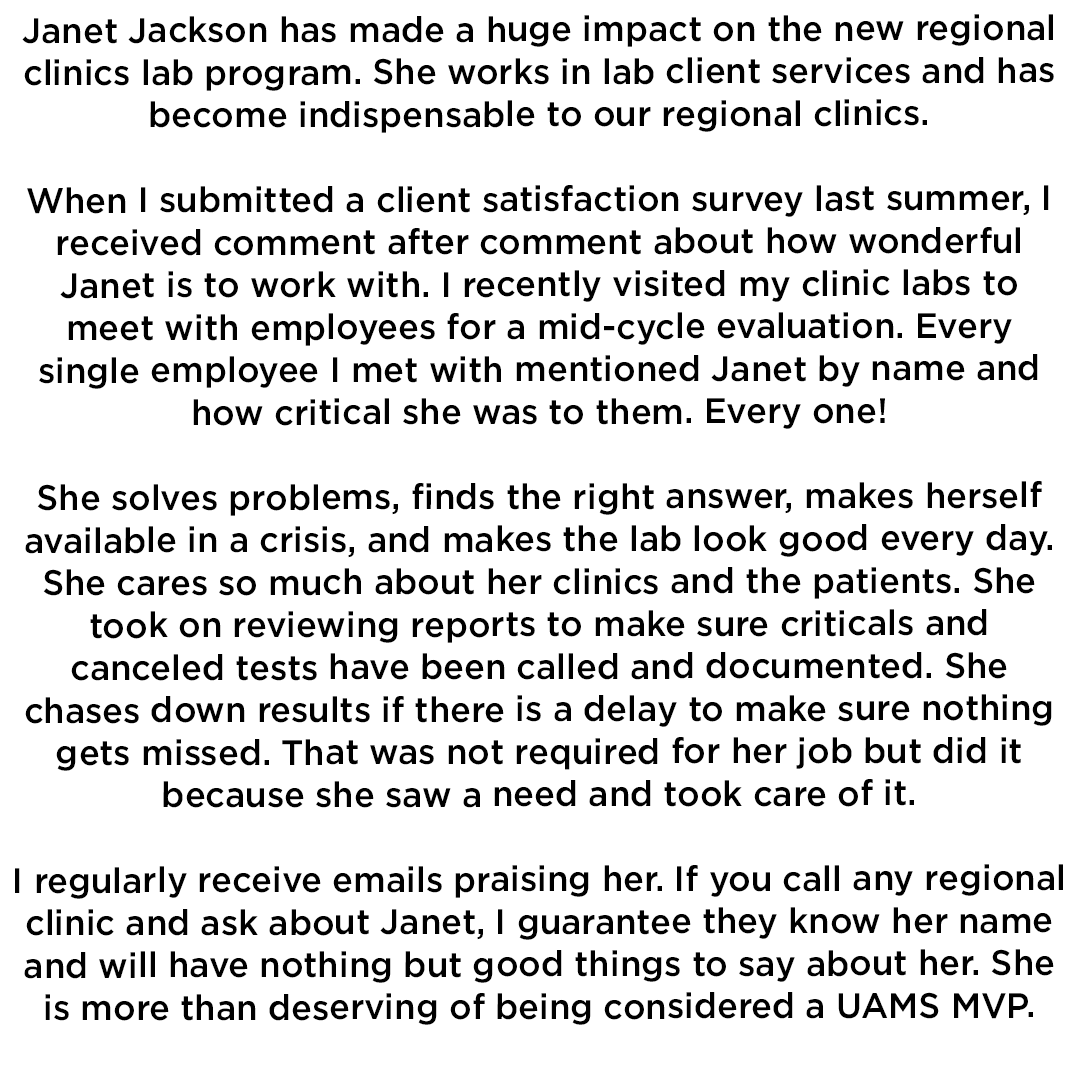 Cam Patterson (@drcampatterson) on Twitter photo It's my favorite time of the month!🎉 The July 2023 MVP is Janet Jackson! Janet serves as a lab support technician in the UAMS Laboratory & Pathology Service Line. See what her nominator wrote about her below! <a href="/uamshealth/">UAMS Health</a> It's my favorite time of the month!🎉 The July 2023 MVP is Janet Jackson! Janet serves as a lab support technician in the UAMS Laboratory & Pathology Service Line. See what her nominator wrote about her below! <a href="/uamshealth/">UAMS Health</a>