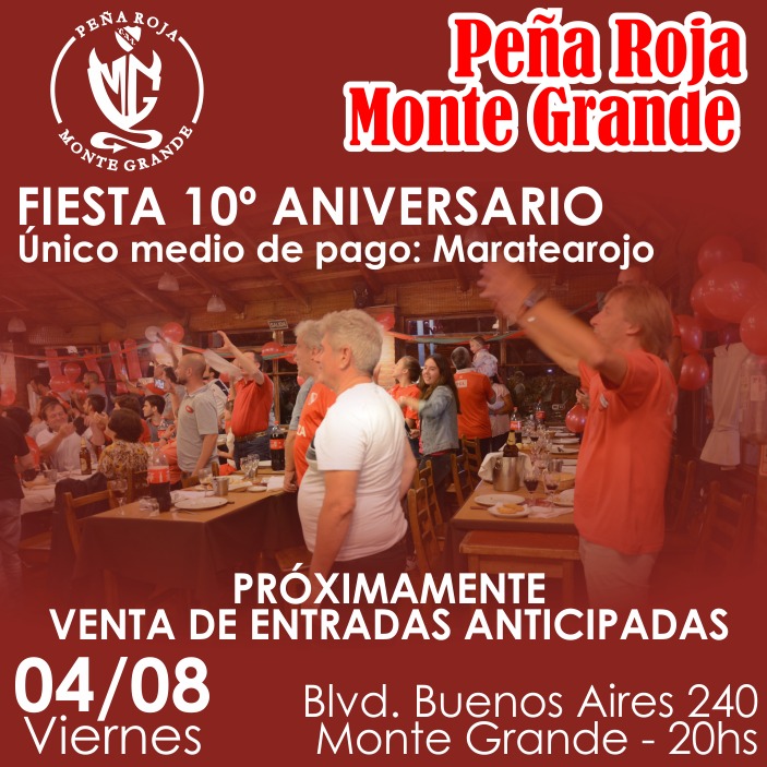 ¡FIESTA ROJA EN MONTE GRANDE! 🥳🇦🇹

➡️ 04/8 20 Hs, Blvd. Bs. As. 240
➡️ Próximamente anticipadas limitadas a $2000
➡️ Único medio de pago: Maratearojo
➡️ Todo lo recaudado va a la colecta
➡️ Parrilla y bebidas
➡️ Glorias, sorteos y mucho más

¡Estate atento/a!
🇦🇹