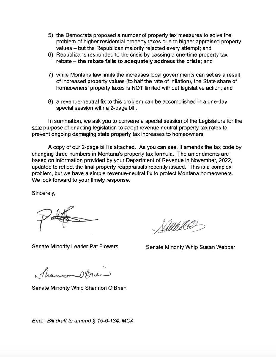 blairmiller's tweet photo. Senate Democrats ask Gov. Gianforte to call a one-day, single-bill special session on property taxes. #mtleg #mtpol https://t.co/qUtC3sy5uf