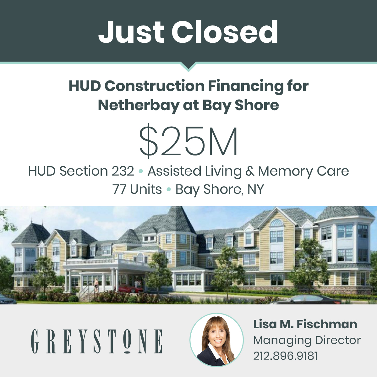 Greystone's Lisa M. Fischman recently closed $25M in #HUD financing for a 77-unit assisted living and memory care facility in Bay Shore, NY. Greystone is proud to be the leading commercial FHA #multifamily and #healthcare lender in the country: bit.ly/3ZUBXVH