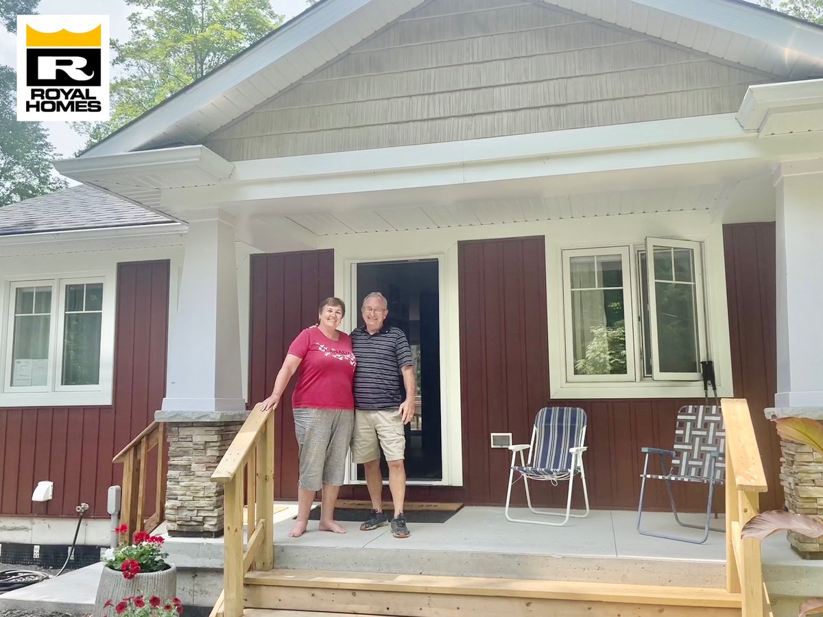 RoyalHomesCan's tweet photo. “Famously.” That’s what Glenn said when we asked how Royal Homes did custom building a dream home on the Trent River for him and Mary Ann! Married 50 years! Glenn proposed here! And yes, red is Mary Ann’s fave colour! #BalaLE #custombuilder #prefab 

🏡😎 https://t.co/zCpQMQfwRK https://t.co/P0j2iZw9lt