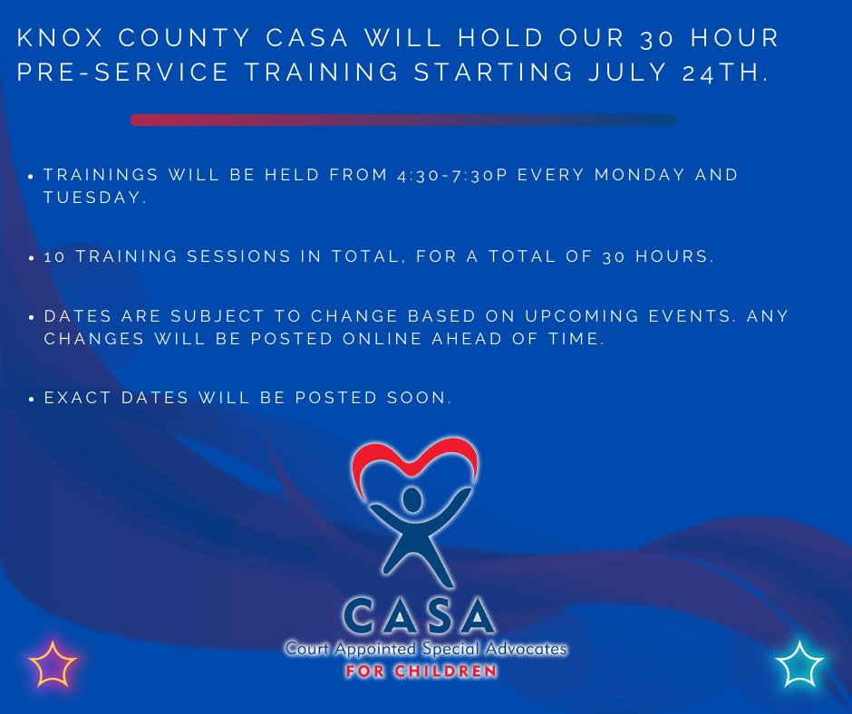 Knox County CASA Per-Service Training will be happening soon! We hope to see you there!

If you would like to become a CASA volunteer, visit our website at in-knox.evintosolutions.com/VolunteerAppli…