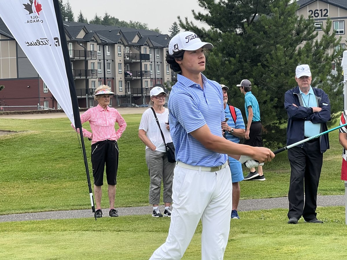 Leader James Lee tees off in today’s final round of the B.C. Junior Boys Championship at Prince George Golf &amp; Curling Club. Lee begins the day 15-under par and has a five-shot lead