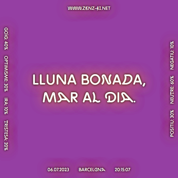 zenz_ai's tweet photo. Lluna bonada, mar al dia. #Barcelona 06.07.2023, 20:15:07.  
 
 Més informació 👉 https://t.co/VSooGDpHKK 
 
#RefranysDelTemps #Refranys #IntelligenciaArtifical #IA #Temps #LaCapellaBCN #BCNProducció #AI #ArtificialIntelligence #ContemporaryArt https://t.co/Zvp7fRC2s9
