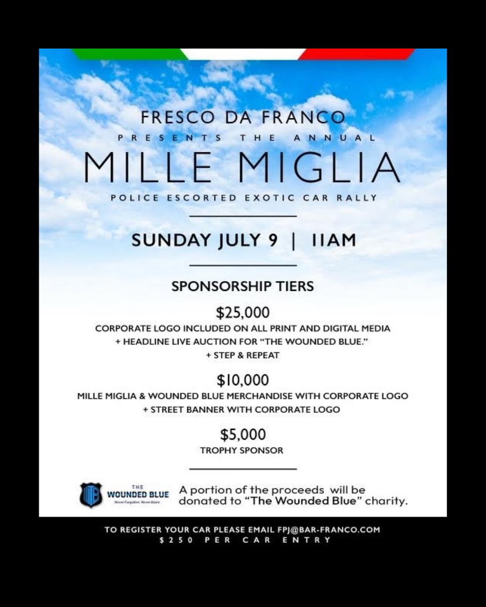 Join us this Sunday, July 9th, for the Mille Miglia Police Escorted Exotic Car Rally in Montclair, NJ. A portion of the proceeds go directly to our cause! #backtheblue