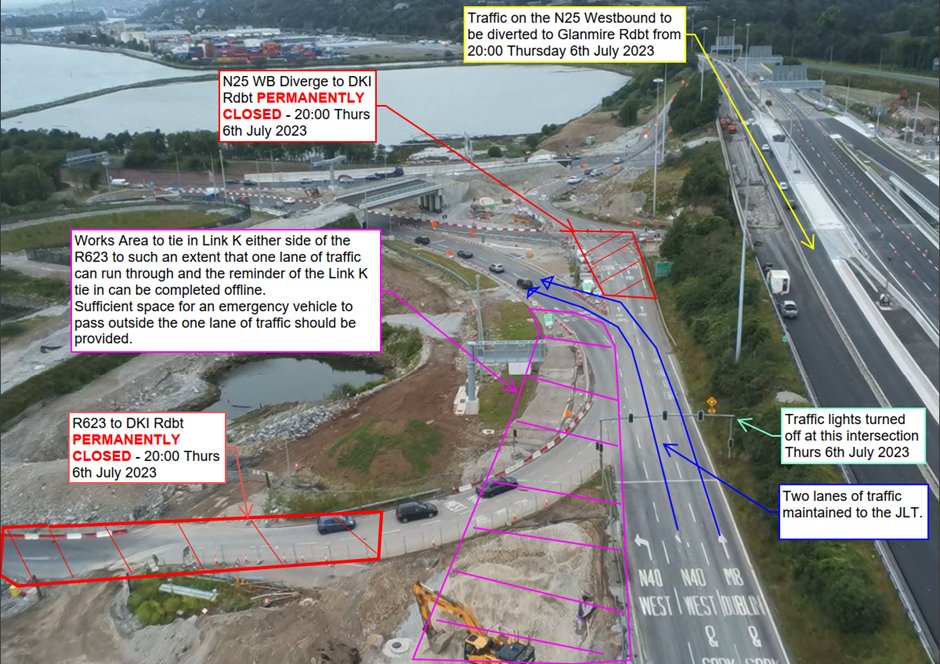 <a href="/CorkSafetyAlert/">Cork Safety Alerts</a> <a href="/TIITraffic/">TII Traffic</a> (2/3) Reminder: The N25 westbound diverge to the DKI Rdbt will permanently close tonight at 20:00, Thursday 06th July 2023. Traffic heading for the M8 / Dublin will be diverted via the Tivoli Rdbt and back onto free flow Link U <a href="/EoinBearla/">Eoin English</a> <a href="/LIBA_Cork/">LIBA Cork</a>