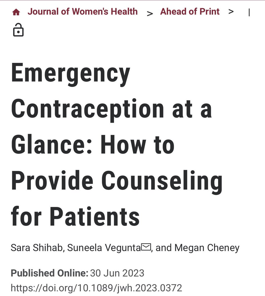 #emergencycontraception can be an invaluable asset in many situations. Check out this recent publication by Dr. Cheney highlighting some of the key considerations. #contraception #birthcontrol #journalofwomenshealth liebertpub.com/doi/10.1089/jw…