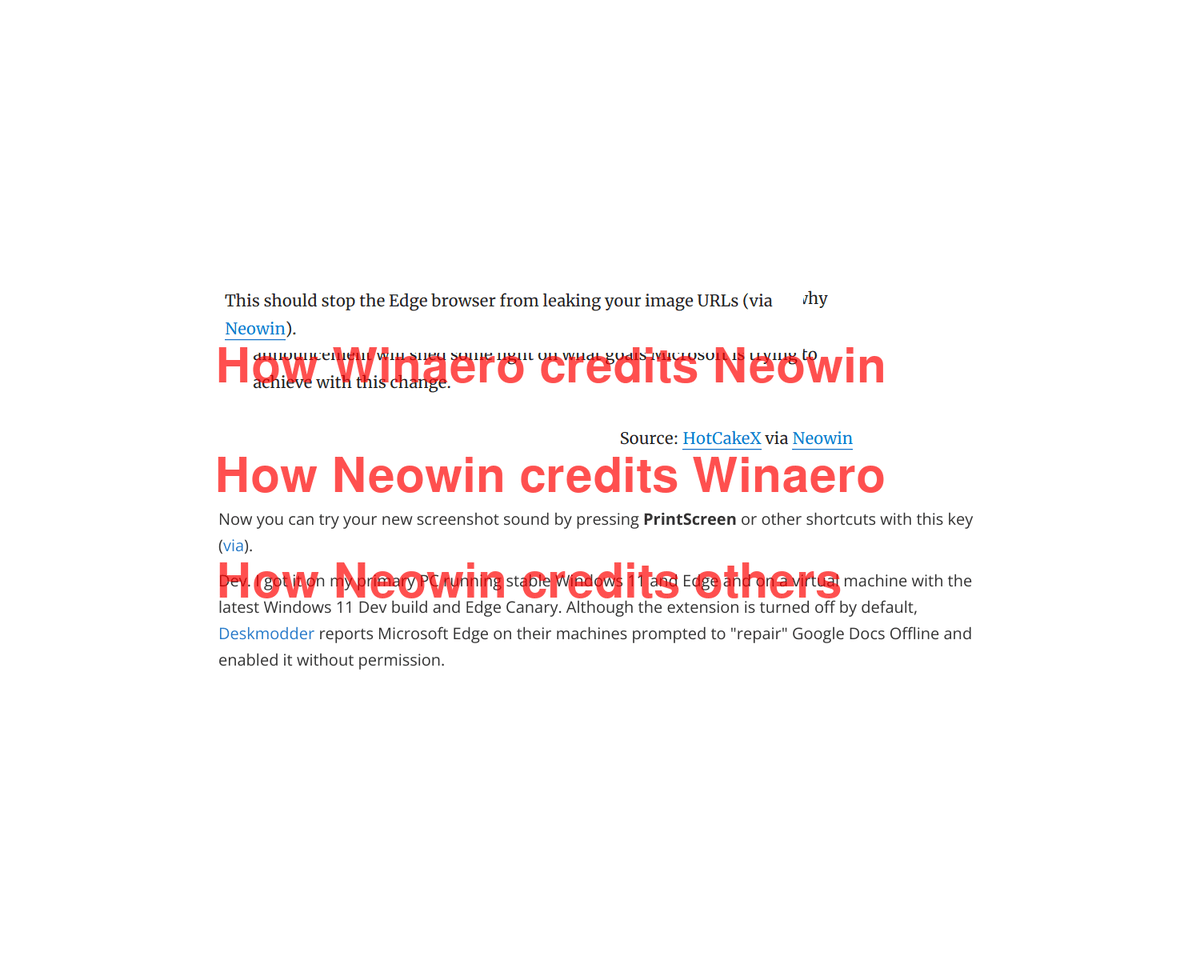 winaero's tweet photo. Here's a brief overview of relations between Winaero and @NeowinFeed. I will eventually update the link appearance on my side to align the things. Thanks in advance, /usr/bin/sed. https://t.co/ykxH1u5lHu