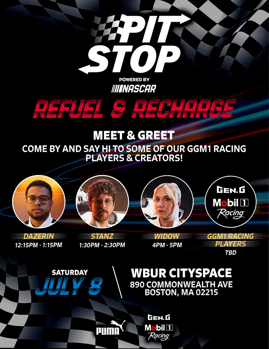 Hanging around Boston for #RLCS this weekend? 👀

Come through to Gen.G Mobil1 Racing’s “The Pit Stop” powered by <a href="/NASCAR/">NASCAR</a> for snacks, charging stations, and meet &amp; greets with your fav GGM1 members! 🍿✨

#GGM1xNASCAR #PitStopGG